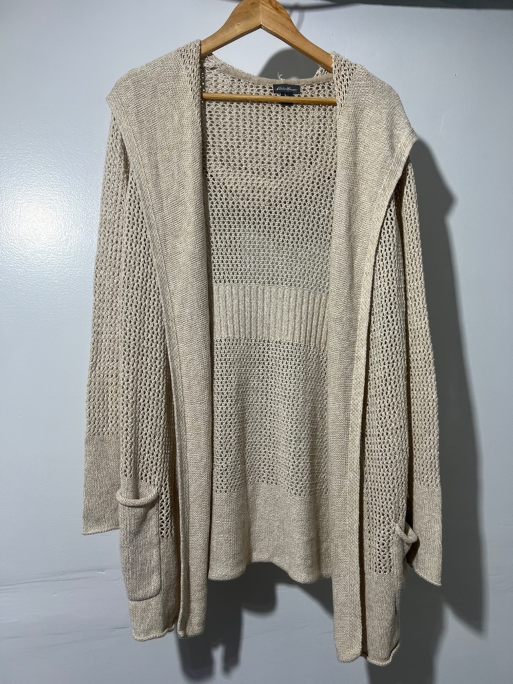 Eddie Bauer Open-Weave Hooded Cardigan in Light Beige